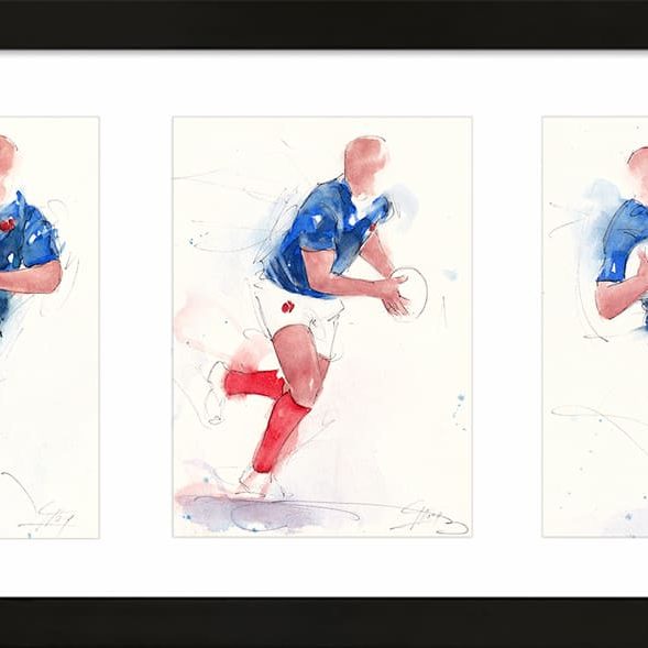 Aquarelle de rugby | Triptyque de scènes d'action du XV de France par Lucie LLONG, artiste peintre du sport
