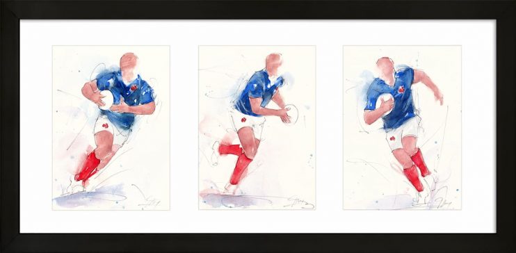 Aquarelle de rugby | Triptyque de scènes d'action du XV de France par Lucie LLONG, artiste peintre du sport