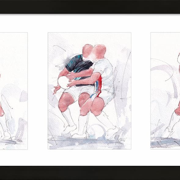 Peinture de sport | Aquarelle de rugby représentant un match entre la France et les Fidji lors de la finale olympique masculine de rugby à 7, remportée par l'équipe de France d'Antoine Dupont | Tableau de sport par Lucie LLONG