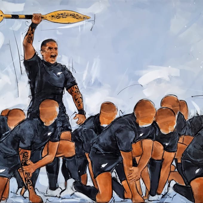 Tableau de sport | le haka des All Blacks en peinture | Match de rugby par Lucie | Oeuvre d'art LLONG, artiste peintre du sport