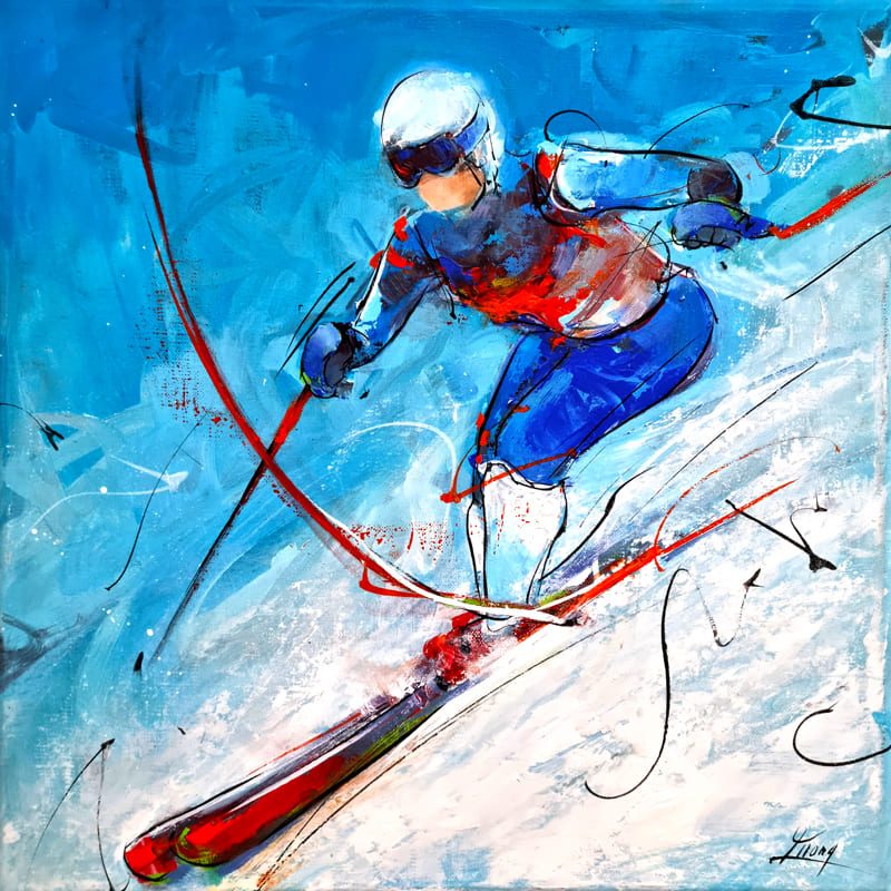 peinture de ski - Skieuse sur les pistes - Slalom - Coupe du monde de ski - Tableau de sport par Lucie LLONG, artiste peintre du mouvement