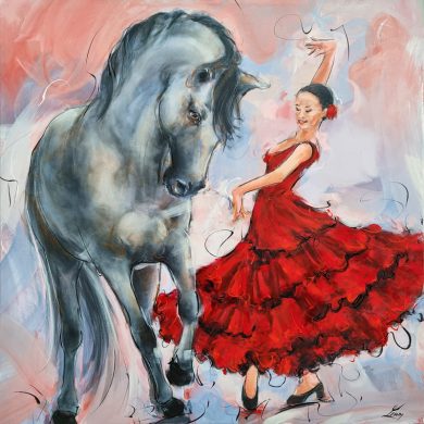 Tableau de flamenco équestre - Danseuse de flamenco avec son cheval sur la piste - Peinture de danse - Œuvre d'art par Lucie LLONG, artiste peintre du sport