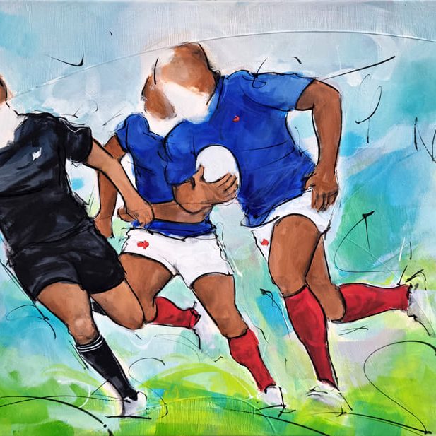 Tableau de sport | Peinture de rugby par Lucie LLONG, Artiste peintre du sport | Les all blacks de Nouvelle Zélande accueille le XV de France à l'Eden Park, le stade mythique d'Auckland.