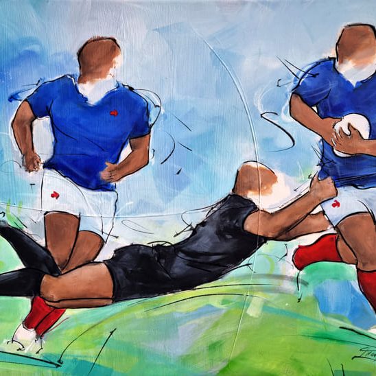 Tableau de rugby | Peinture de sport par Lucie LLONG | Le XV de France affronte les All Blacks lors de la tournée d'automne