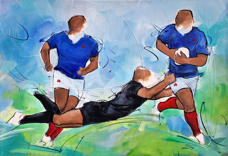 Tableau de rugby | Peinture de sport par Lucie LLONG | Le XV de France affronte les All Blacks lors de la tournée d'automne