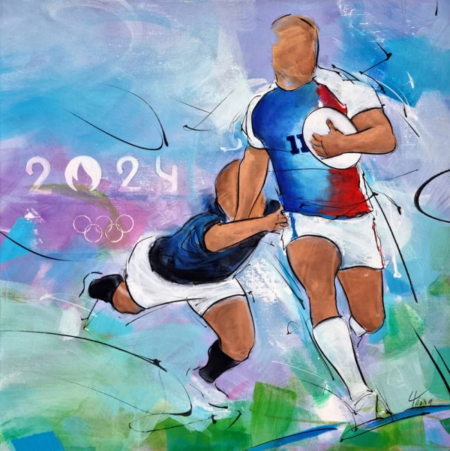 JO Paris 2024 | Le débordement d'Antoine Dupont lors de la finale du tournoi olympique de rugby à 7 opposant la France au fidji | Tableau de sport | Peinture réalisée par Lucie LLONG, Artiste peintre du sport