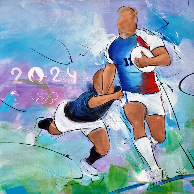 JO Paris 2024 | Le débordement d'Antoine Dupont lors de la finale du tournoi olympique de rugby à 7 opposant la France au fidji | Tableau de sport | Peinture réalisée par Lucie LLONG, Artiste peintre du sport