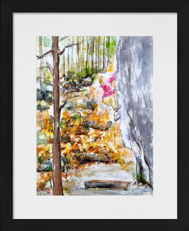 Peinture de sport | Aquarelle d'escalade en forêt | Scène de sport par Lucie LLONG, artiste peintre du sport