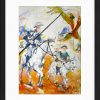 Tableau peinture aquarelle de Don Quichotte à cheval et son écuyer Sancho Panza devant un moulin, par Lucie LLONG | Inspiration littéraire