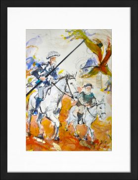 Tableau peinture aquarelle de Don Quichotte à cheval et son écuyer Sancho Panza devant un moulin, par Lucie LLONG | Inspiration littéraire