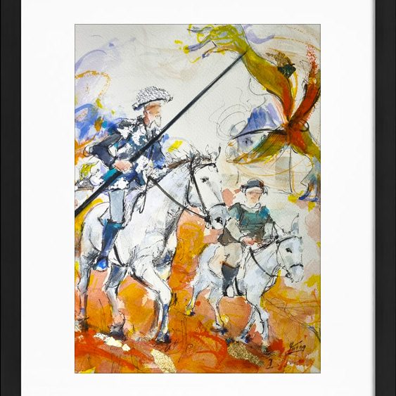 Tableau peinture aquarelle de Don Quichotte à cheval et son écuyer Sancho Panza devant un moulin, par Lucie LLONG | Inspiration littéraire