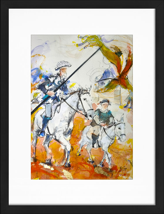 Tableau peinture aquarelle de Don Quichotte à cheval et son écuyer Sancho Panza devant un moulin, par Lucie LLONG | Inspiration littéraire