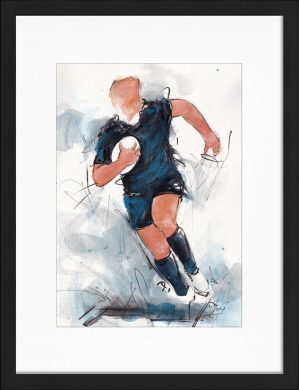 Tableau représentant une peinture aquarelle des All Blacks par l'artiste Lucie LLONG | Œuvre d'art de rugby | Scène de sport d'un joueur de rugby portant le ballon