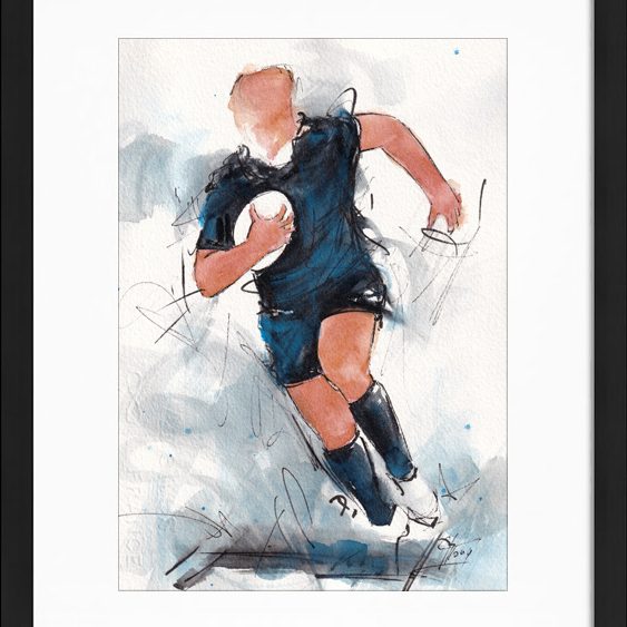 Tableau représentant une peinture aquarelle des All Blacks par l'artiste Lucie LLONG | Œuvre d'art de rugby | Scène de sport d'un joueur de rugby portant le ballon