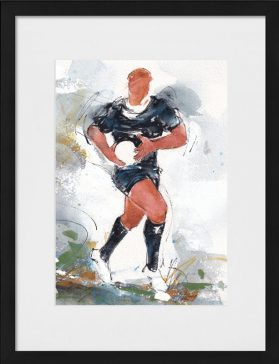 Tableau représentant une peinture aquarelle des All Blacks par l'artiste Lucie LLONG | Œuvre d'art de rugby | Attaque balle en main
