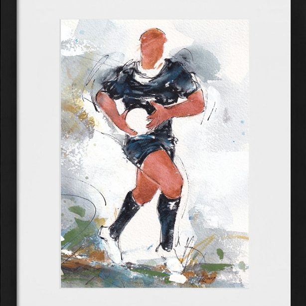 Tableau représentant une peinture aquarelle des All Blacks par l'artiste Lucie LLONG | Œuvre d'art de rugby | Attaque balle en main