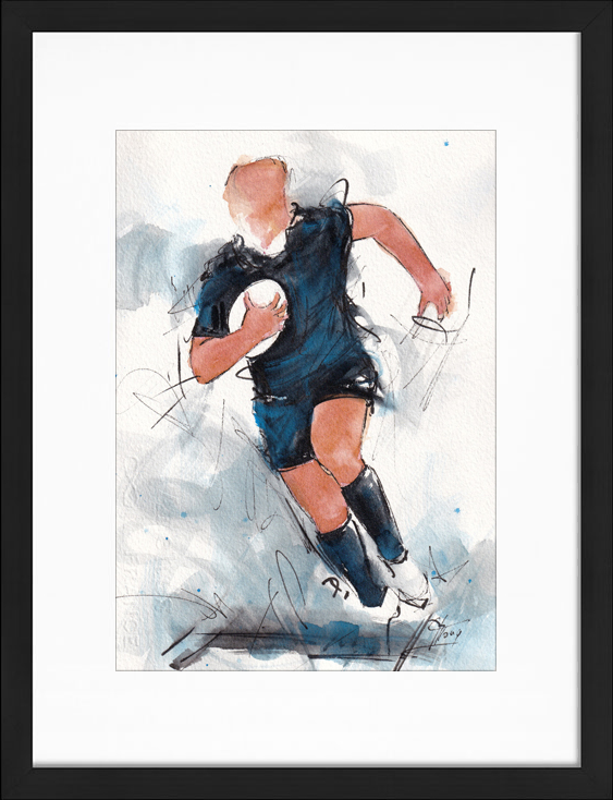 Tableau représentant une peinture aquarelle des All Blacks par l'artiste Lucie LLONG | Œuvre d'art de rugby | Scène de sport d'un joueur de rugby portant le ballon