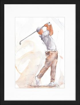 Aquarelle de golf par Lucie Llong, artiste du mouvement et du sport | un golfeur en plein swing sur le fairway | scène de sport en peinture | Œuvre d'art et peinture contemporaine | Golfeur en chemise blanche et pantalon marron