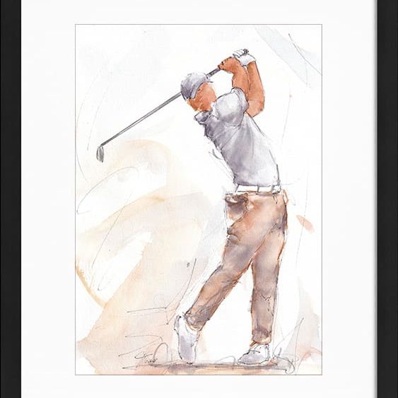 Aquarelle de golf par Lucie Llong, artiste du mouvement et du sport | un golfeur en plein swing sur le fairway | scène de sport en peinture | Œuvre d'art et peinture contemporaine | Golfeur en chemise blanche et pantalon marron