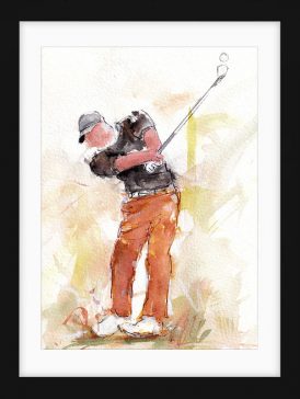 Tableau de sport | Aquarelle de golf par Lucie Llong, artiste du mouvement et du sport | un golfeur en plein swing sur le fairway | scène de sport en peinture | Œuvre d'art et peinture contemporaine | Golfeur en chemise noire et pantalon marron