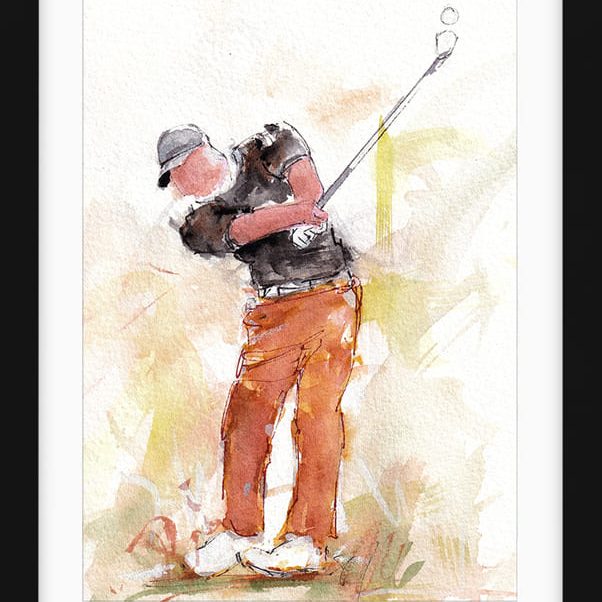 Tableau de sport | Aquarelle de golf par Lucie Llong, artiste du mouvement et du sport | un golfeur en plein swing sur le fairway | scène de sport en peinture | Œuvre d'art et peinture contemporaine | Golfeur en chemise noire et pantalon marron