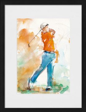 Tableau de sport | Aquarelle de golf par Lucie Llong, artiste du mouvement et du sport | un golfeur en plein swing sur le fairway | scène de sport en peinture | Œuvre d'art et peinture contemporaine | Golfeur en chemise orange et pantalon bleu