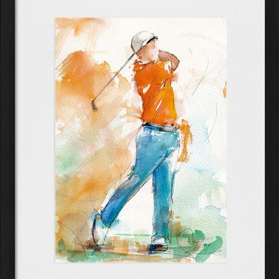 Tableau de sport | Aquarelle de golf par Lucie Llong, artiste du mouvement et du sport | un golfeur en plein swing sur le fairway | scène de sport en peinture | Œuvre d'art et peinture contemporaine | Golfeur en chemise orange et pantalon bleu