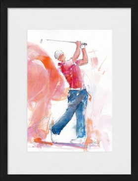 Tableau de sport | Aquarelle de golf par Lucie Llong, artiste du mouvement et du sport | un golfeur en plein swing sur le fairway | scène de sport en peinture | Œuvre d'art et peinture contemporaine | Golfeur en chemise rose et pantalon bleu