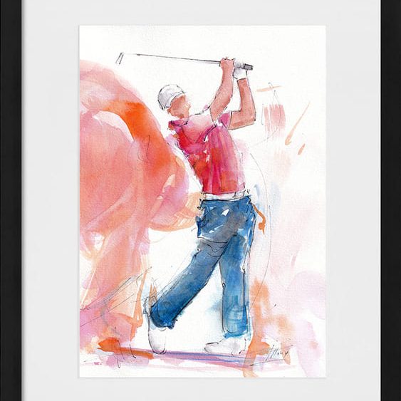 Tableau de sport | Aquarelle de golf par Lucie Llong, artiste du mouvement et du sport | un golfeur en plein swing sur le fairway | scène de sport en peinture | Œuvre d'art et peinture contemporaine | Golfeur en chemise rose et pantalon bleu