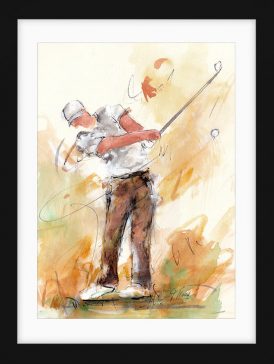 Tableau de sport | Aquarelle de golf par Lucie Llong, artiste du mouvement et du sport | un golfeur en plein swing sur le fairway | scène de sport en peinture | Œuvre d'art et peinture contemporaine | Golfeur en chemise blanche et pantalon marron
