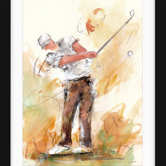 Tableau de sport | Aquarelle de golf par Lucie Llong, artiste du mouvement et du sport | un golfeur en plein swing sur le fairway | scène de sport en peinture | Œuvre d'art et peinture contemporaine | Golfeur en chemise blanche et pantalon marron