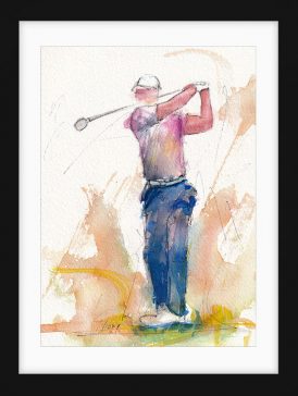 Tableau de sport | Aquarelle de golf par Lucie Llong, artiste du mouvement et du sport | un golfeur en plein swing sur le fairway | scène de sport en peinture | Œuvre d'art et peinture contemporaine | Golfeur en chemise rose et pantalon bleu