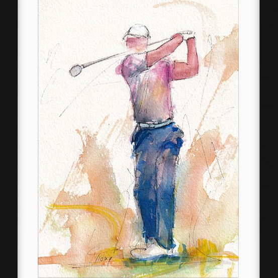Tableau de sport | Aquarelle de golf par Lucie Llong, artiste du mouvement et du sport | un golfeur en plein swing sur le fairway | scène de sport en peinture | Œuvre d'art et peinture contemporaine | Golfeur en chemise rose et pantalon bleu