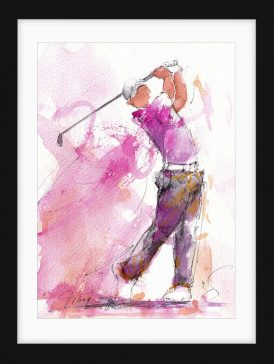 Tableau de sport | Aquarelle de golf par Lucie Llong, artiste du mouvement et du sport | un golfeur en plein swing sur le fairway | scène de sport en peinture | Œuvre d'art et peinture contemporaine | Golfeur en chemise rose et pantalon foncé
