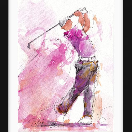 Tableau de sport | Aquarelle de golf par Lucie Llong, artiste du mouvement et du sport | un golfeur en plein swing sur le fairway | scène de sport en peinture | Œuvre d'art et peinture contemporaine | Golfeur en chemise rose et pantalon foncé