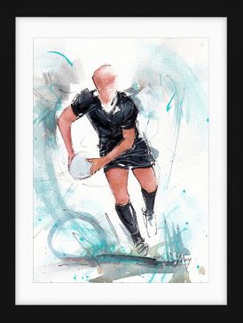 Peinture de rugby à l'aquarelle. | Un joueur des All Blacks fait une passe lors d'un match de rugby | Œuvre d'art par Lucie LLONG , artiste peintre du sport.