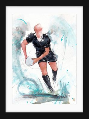Peinture de rugby à l'aquarelle. | Un joueur des All Blacks fait une passe lors d'un match de rugby | Œuvre d'art par Lucie LLONG , artiste peintre du sport.