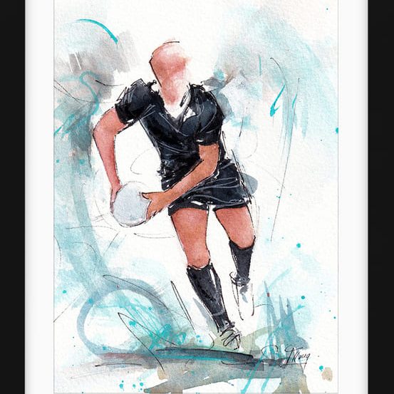 Peinture de rugby Ă l'aquarelle. | Un joueur des All Blacks fait une passe lors d'un match de rugby | Ĺ’uvre d'art par Lucie LLONG , artiste peintre du sport.