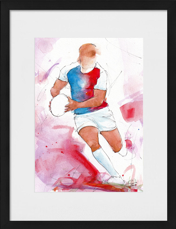 Peinture originale Antoine Dupont Rugby à 7 : tableau aquarelle de l'équipe de France aux Jeux Olympiques signé Lucie LLONG | Scène de sport