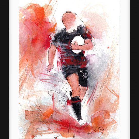 Peinture Ă l'aquarelle d'un joueur du Stade Toulousain portant le ballon | Tableau de sport par Lucie, LLONG, artiste peintre.