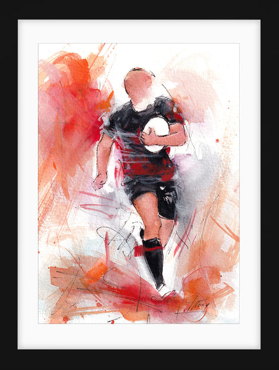 Peinture à l'aquarelle d'un joueur du Stade Toulousain portant le ballon | Tableau de sport par Lucie, LLONG, artiste peintre.