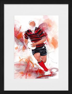Peinture à l'aquarelle d'un joueur du Stade Toulousain portant le ballon | Œuvre d'art sur le sport par Lucie, LLONG, artiste peintre.