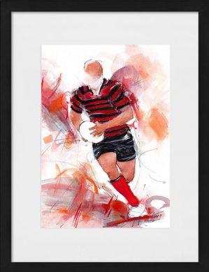 Peinture à l'aquarelle d'un joueur du Stade Toulousain portant le ballon | Œuvre d'art sur le sport par Lucie, LLONG, artiste peintre.