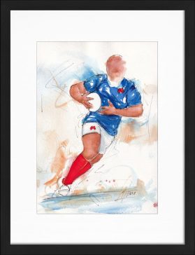 Peinture à l'aquarelle d'un joueur du XV de France portant le ballon lors d'un match de rugby | Tableau de sport par Lucie LLONG, Artiste peintre