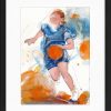 Tableau représentant une peinture aquarelle d'une basketteuse de l'équipe de France en train de dribbler, par Lucie LLONG | Peinture de sport