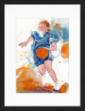 Tableau représentant une peinture aquarelle d'une basketteuse de l'équipe de France en train de dribbler, par Lucie LLONG | Peinture de sport