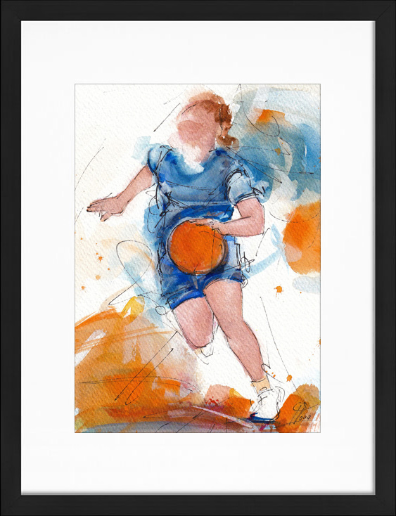 Tableau représentant une peinture aquarelle d'une basketteuse de l'équipe de France en train de dribbler, par Lucie LLONG | Peinture de sport