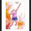Peinture de volley-ball féminin : tableau d'une joueuse au filet réalisée à l'aquarelle par Lucie LLONG | Peinture de sport