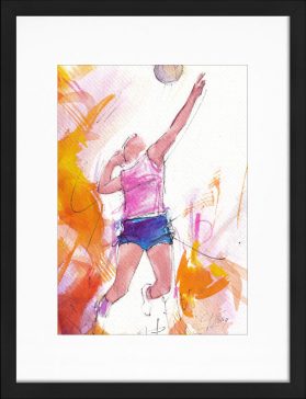 Peinture de volley-ball féminin : tableau d'une joueuse au filet réalisée à l'aquarelle par Lucie LLONG | Peinture de sport