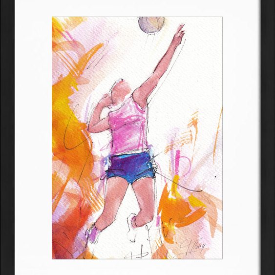 Peinture de volley-ball féminin : tableau d'une joueuse au filet réalisée à l'aquarelle par Lucie LLONG | Peinture de sport